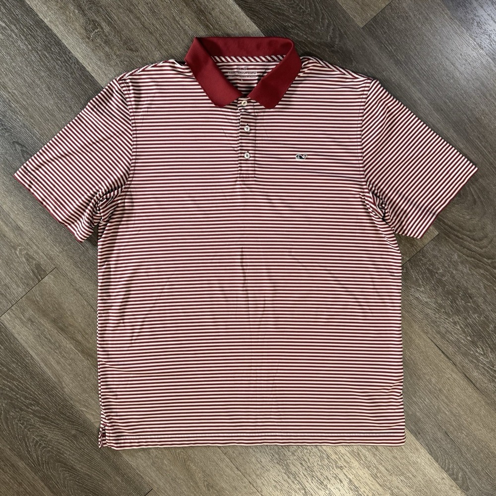 Vineyard Vines Performance Polo Shirt Men's Large Burgandy Collar White Stripe